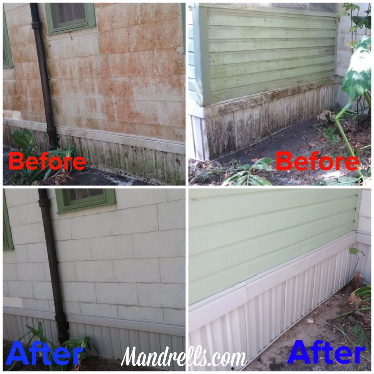 Before and after of an exterior house wash showing mildew removal